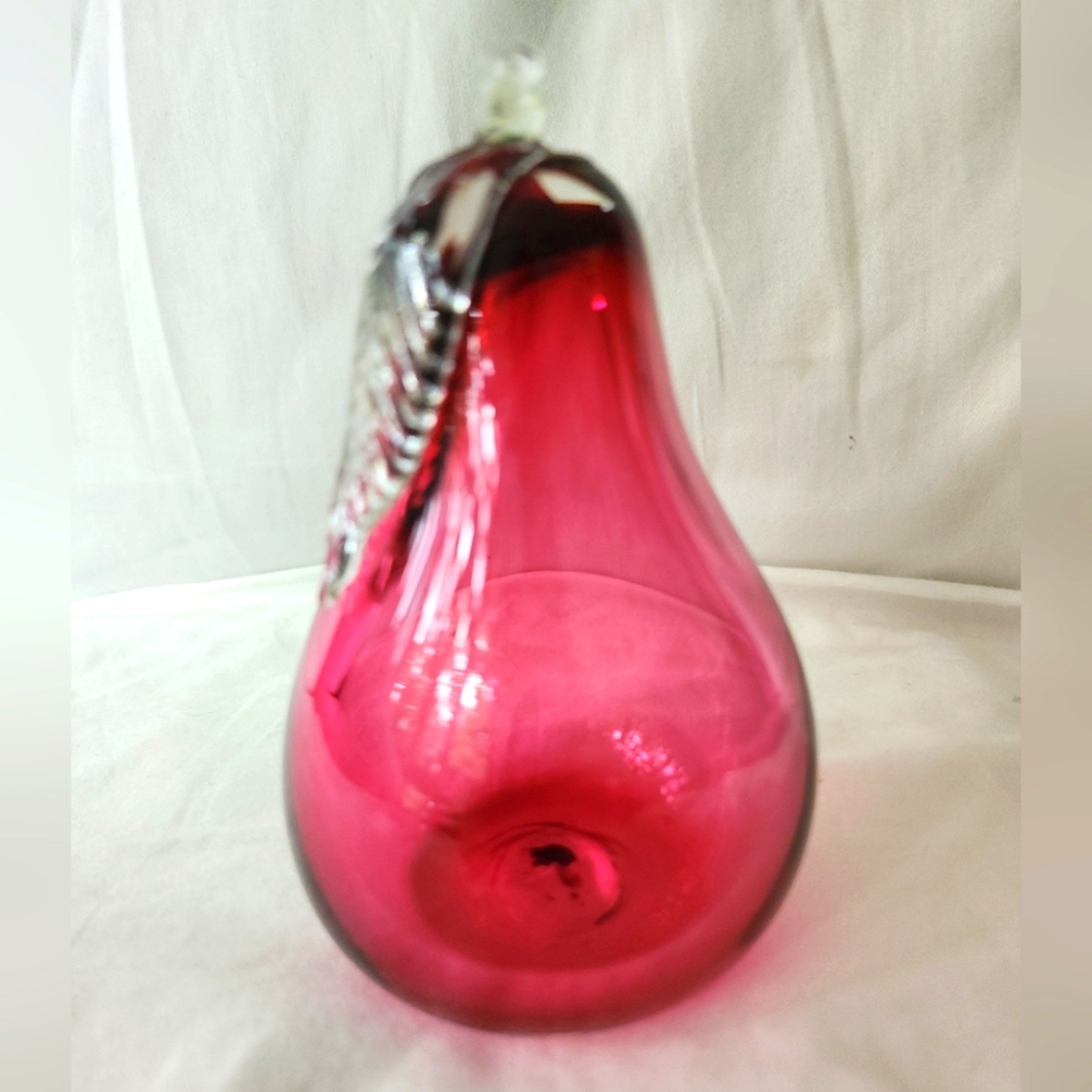 Vintage Cranberry Art Glass Pear Paperweight Clear Stem Leaf 5" Fruit Teacher